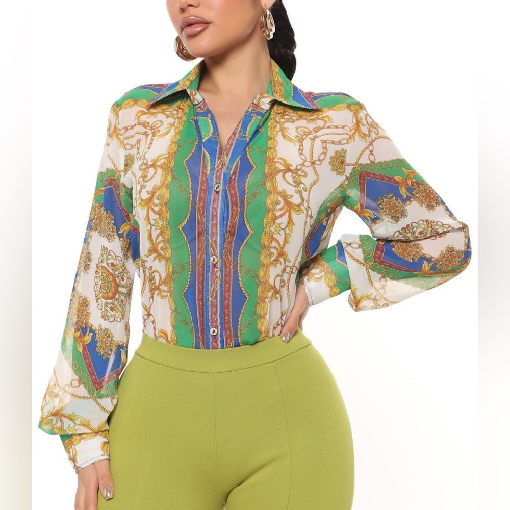 NWT Fashion Nova Isla Baroque Shirt - Kelly Green Size L